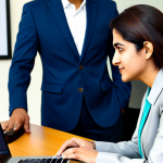 A professional female career counselor, a Pakistani woman in her 40s, dressed in a modest business suit, attentively engaging in a one-on-one session with a young adult male, a Pakistani man in his early 20s, who is in appropriate, smart-casual attire. They are seated at a sleek, modern desk in a well-lit, contemporary office environment. A laptop is visible on the desk, displaying a graphic representation of career pathways or an assessment tool. The atmosphere is one of focused guidance and thoughtful discussion. The subjects exhibit perfect anatomy, correct proportions, natural poses, well-formed hands, and proper finger counts. This image is safe for work, appropriate content, fully clothed, modest clothing, professional dress, and family-friendly.