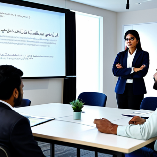 Home 8 **
"A diverse group of professionals attending a workshop, fully clothed in modest business attire, participating in a lively discussion. Modern conference room setting with projector screen displaying Urdu text about skill enhancement. Emphasis on collaboration and learning. Safe for work, appropriate content, professional, family-friendly, perfect anatomy, correct proportions, natural pose, well-formed hands, proper finger count, natural body proportions, high quality, professional photography."
**