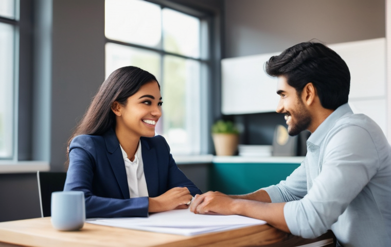 직업상담사와 고용보험 이해 - **Prompt for Career Counseling / Self-Discovery:**
"A bright, naturally lit office setting, with...