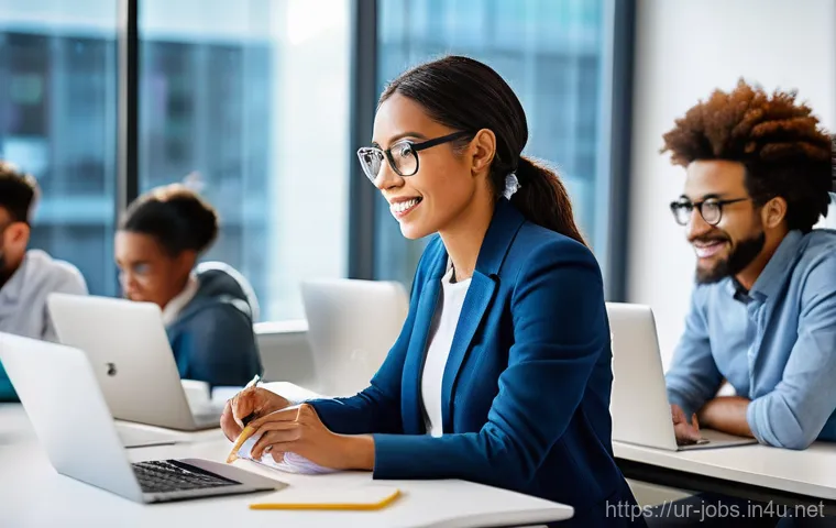 직업상담사 직업 재설계 사례 - **Prompt 1: Embracing New Tech Skills**
A group of diverse adults (ages 25-50), fully clothed in...